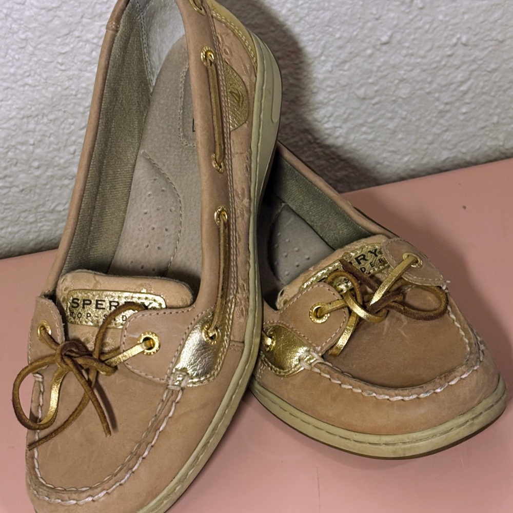Sperry Tan and Gold Loafers with Moccasin Stitching